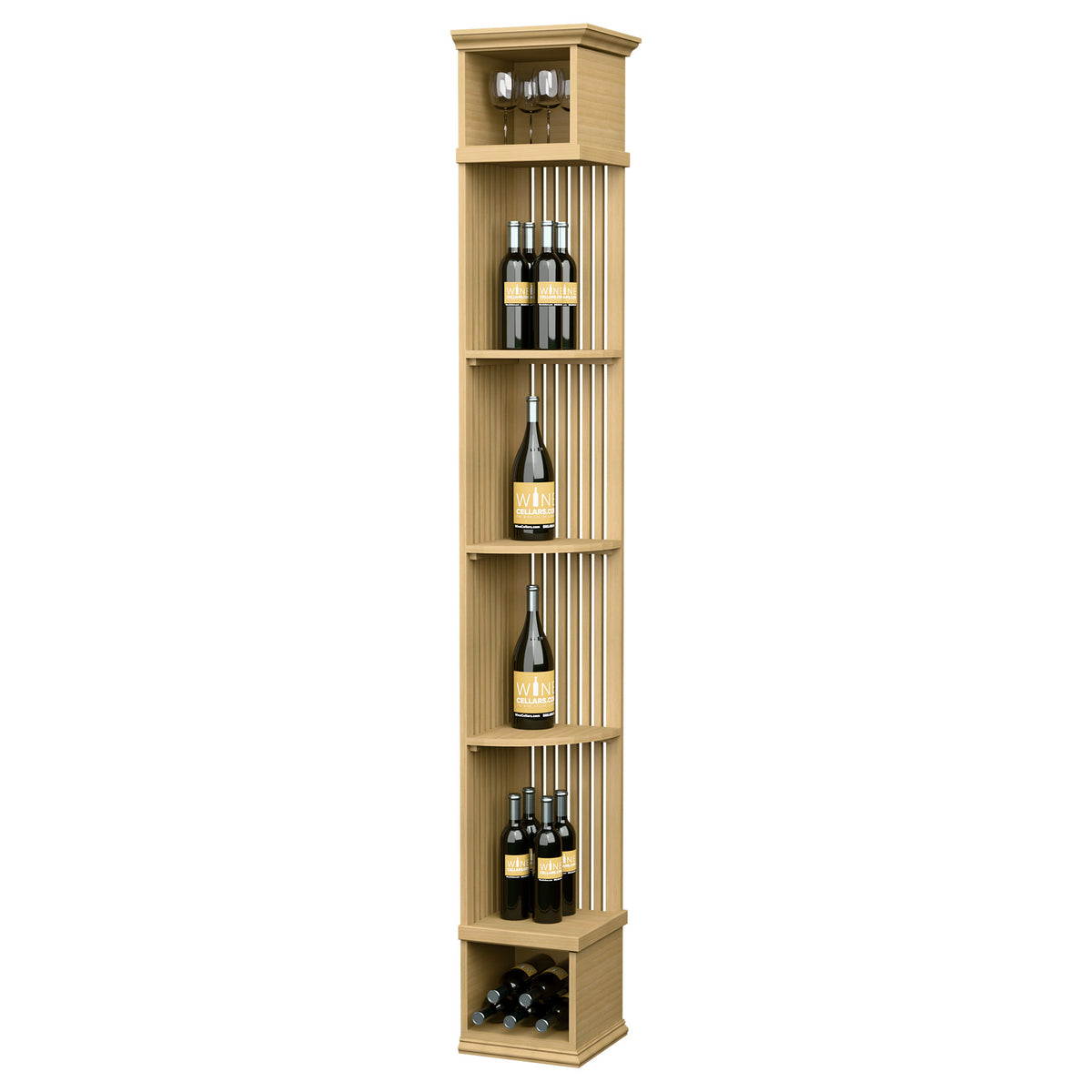 Lattice quarter round wine shelf with square base, natural wood tone, bottle shelves