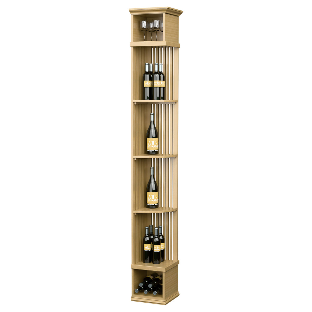 Lattice quarter round wine shelf with square base, natural wood tone, wine bottle display