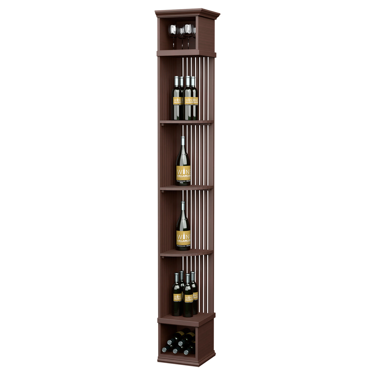 Lattice quarter round wine shelf with square base, dark brown, bottle and glass slots