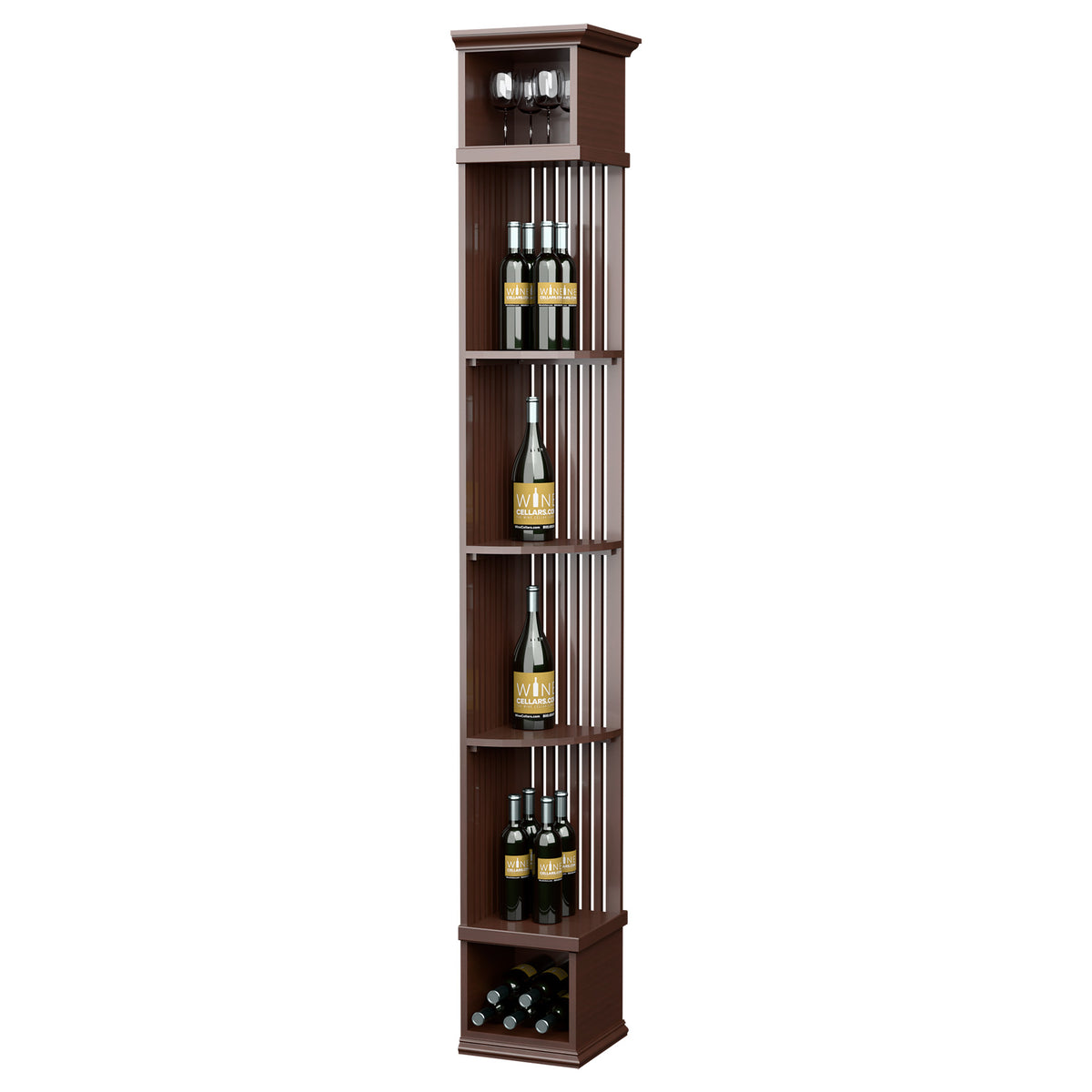 Lattice quarter round wine shelf with square base, dark brown, stacked wine bottles
