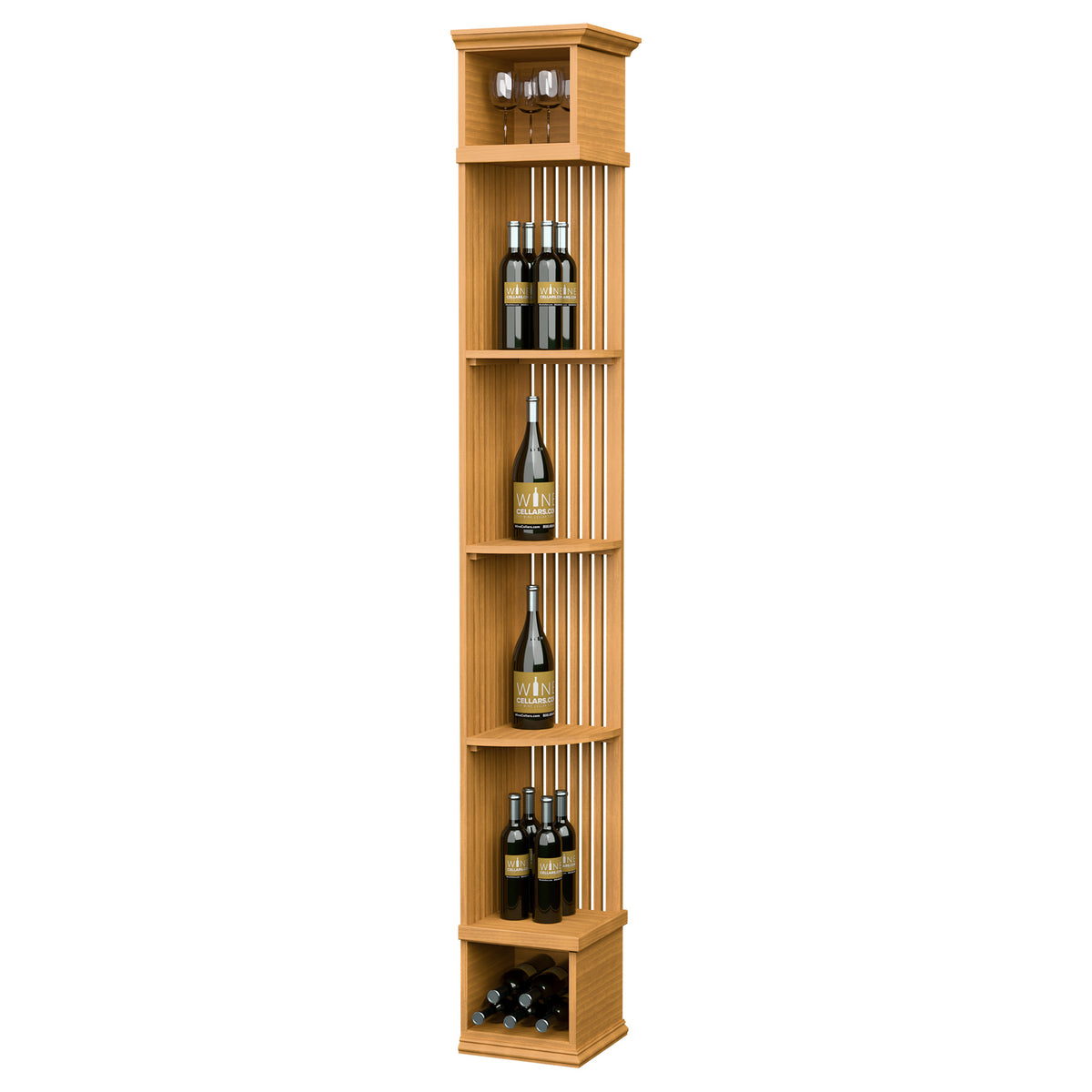 Lattice quarter round wine shelf with square base, honey wood tone, multi-level bottle racks
