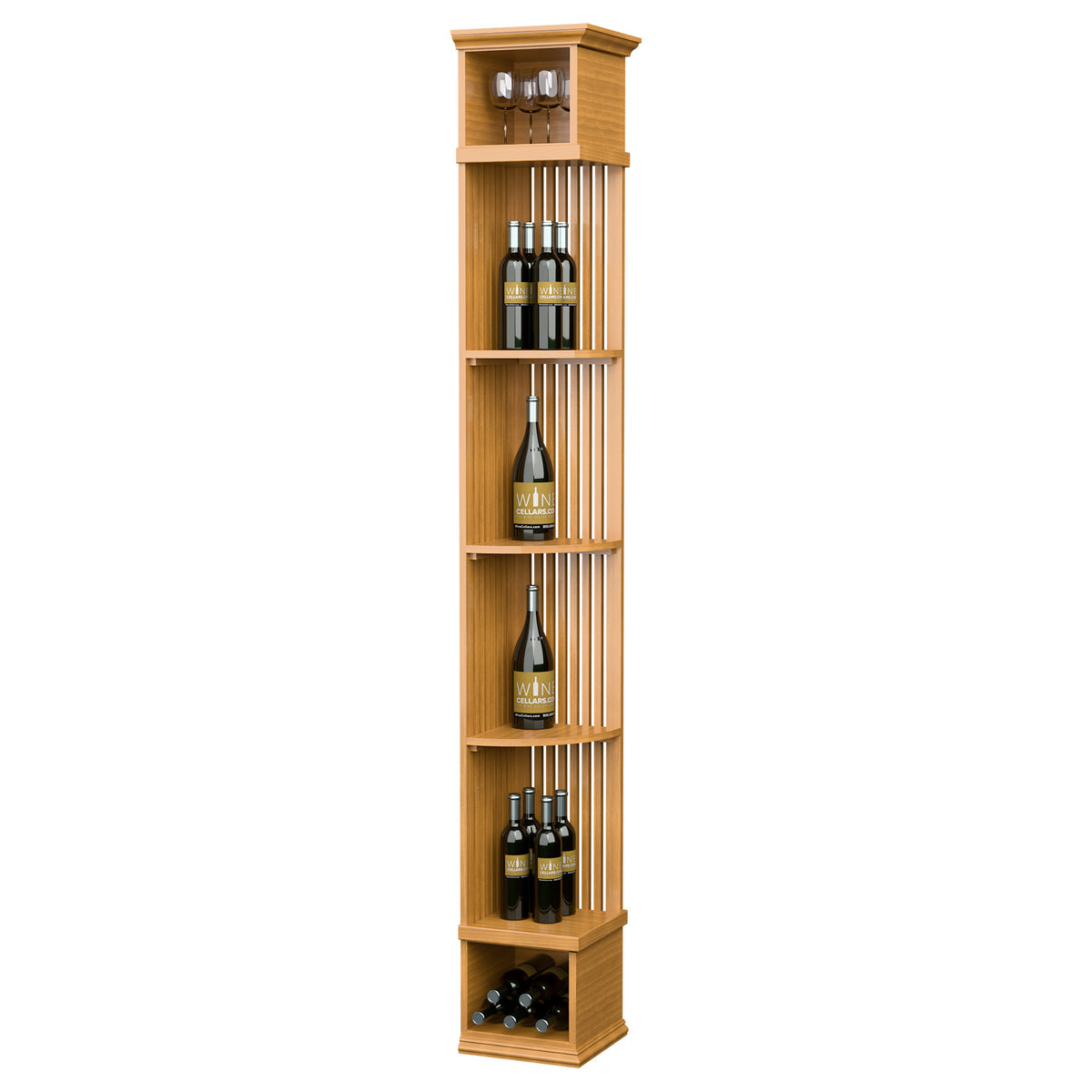 Lattice quarter round wine shelf with square base, honey wood tone, bottle storage shelves