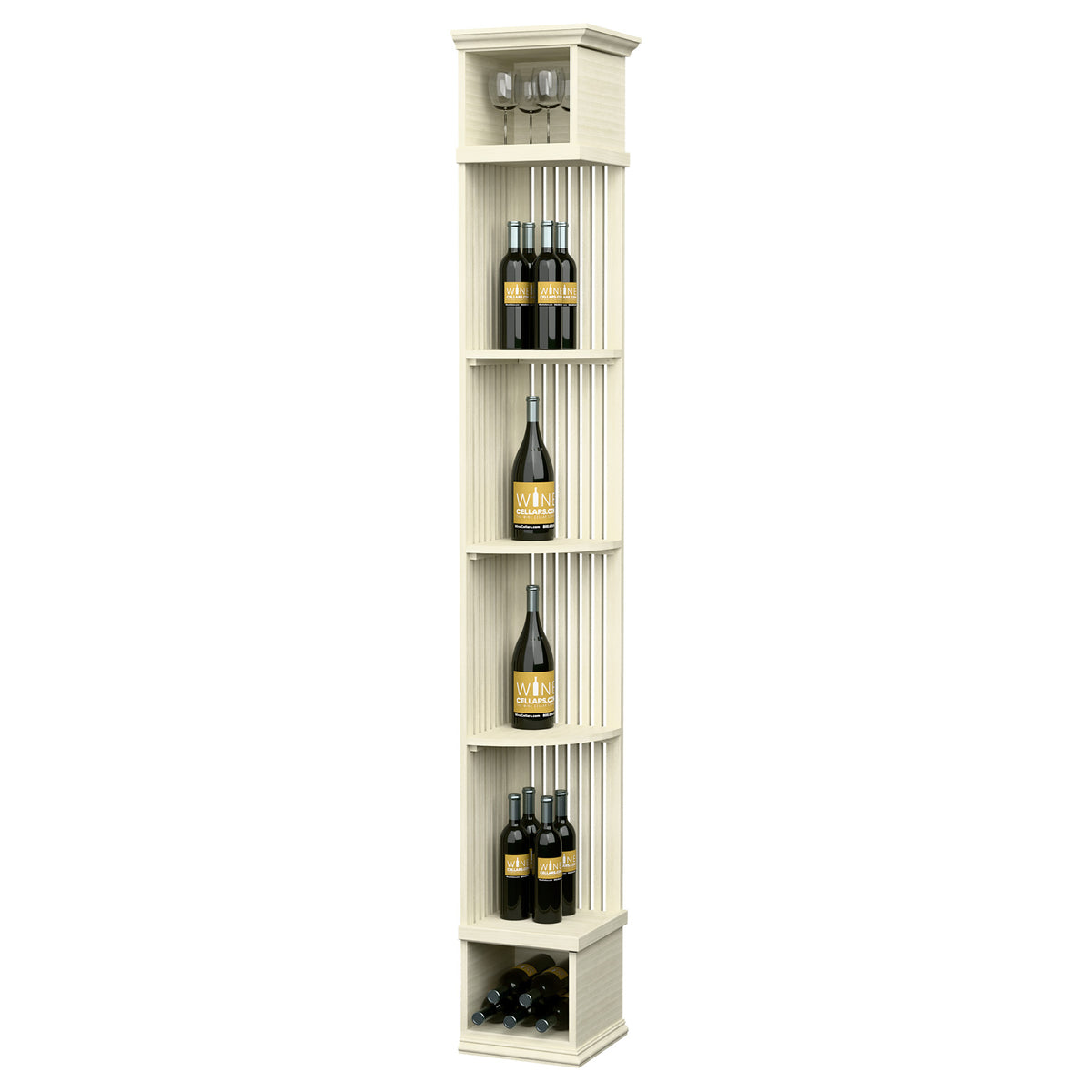 Lattice quarter round wine shelf with square base, off-white, wine bottle and glass display