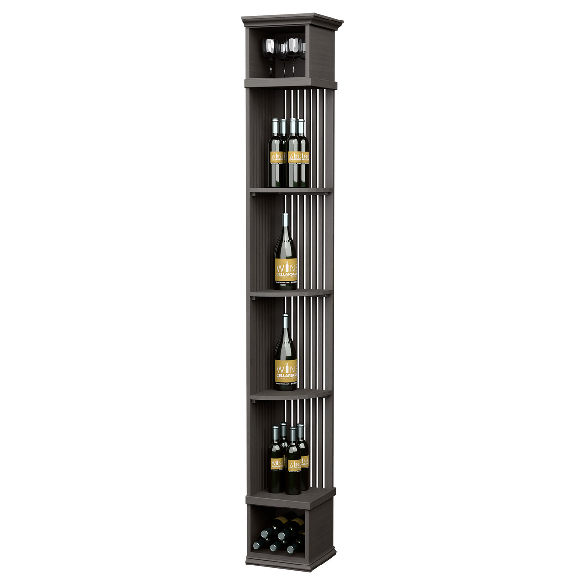 Tall lattice quarter-round wine shelf with square base, dark stained wood, bottle racks