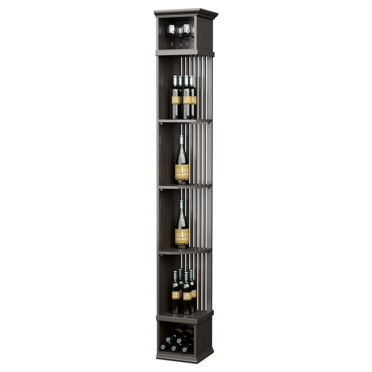 Tall lattice wine shelf with square base in dark stained wood, open bottle cubbies