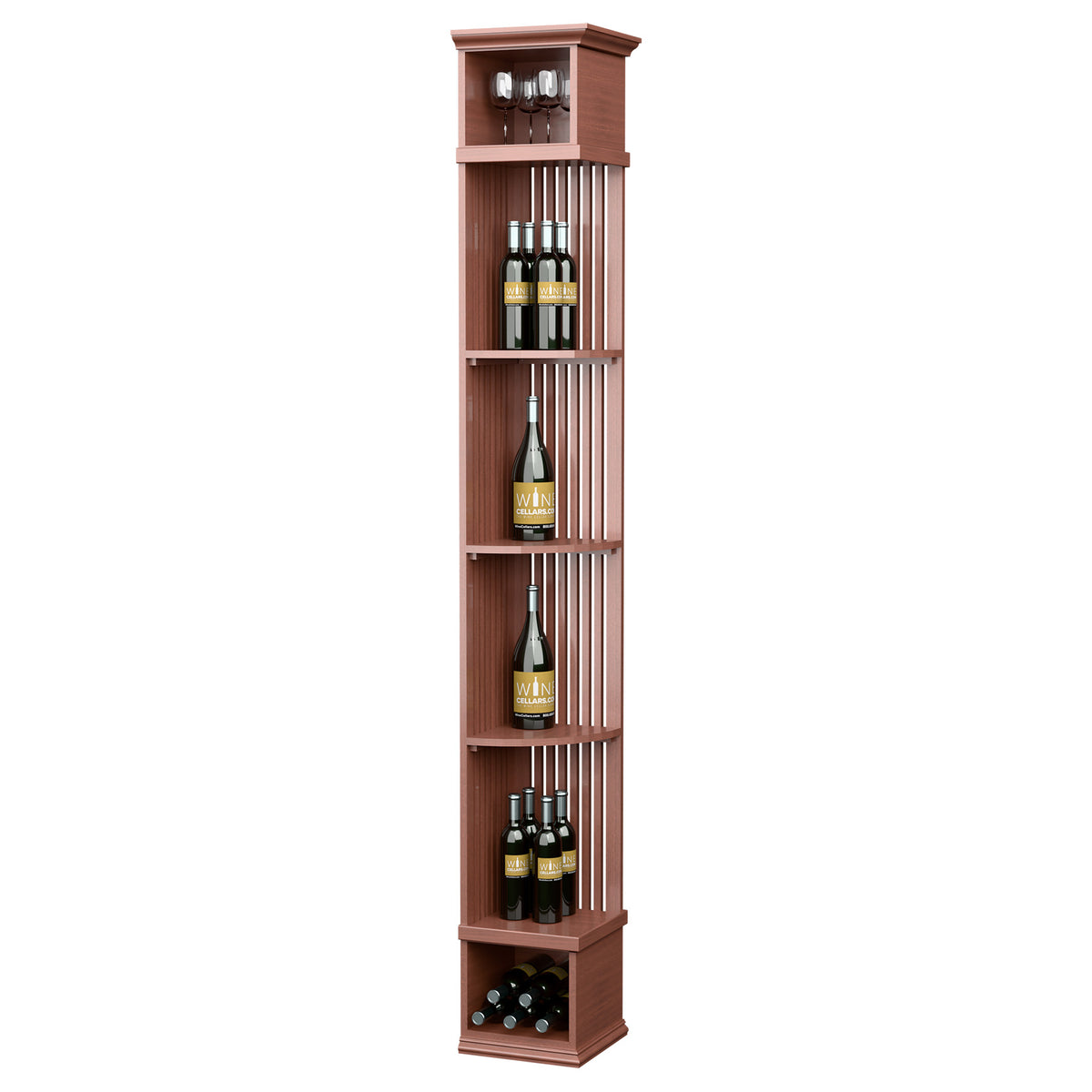 Tall lattice wine shelf with square base in reddish-brown stained wood, bottle storage