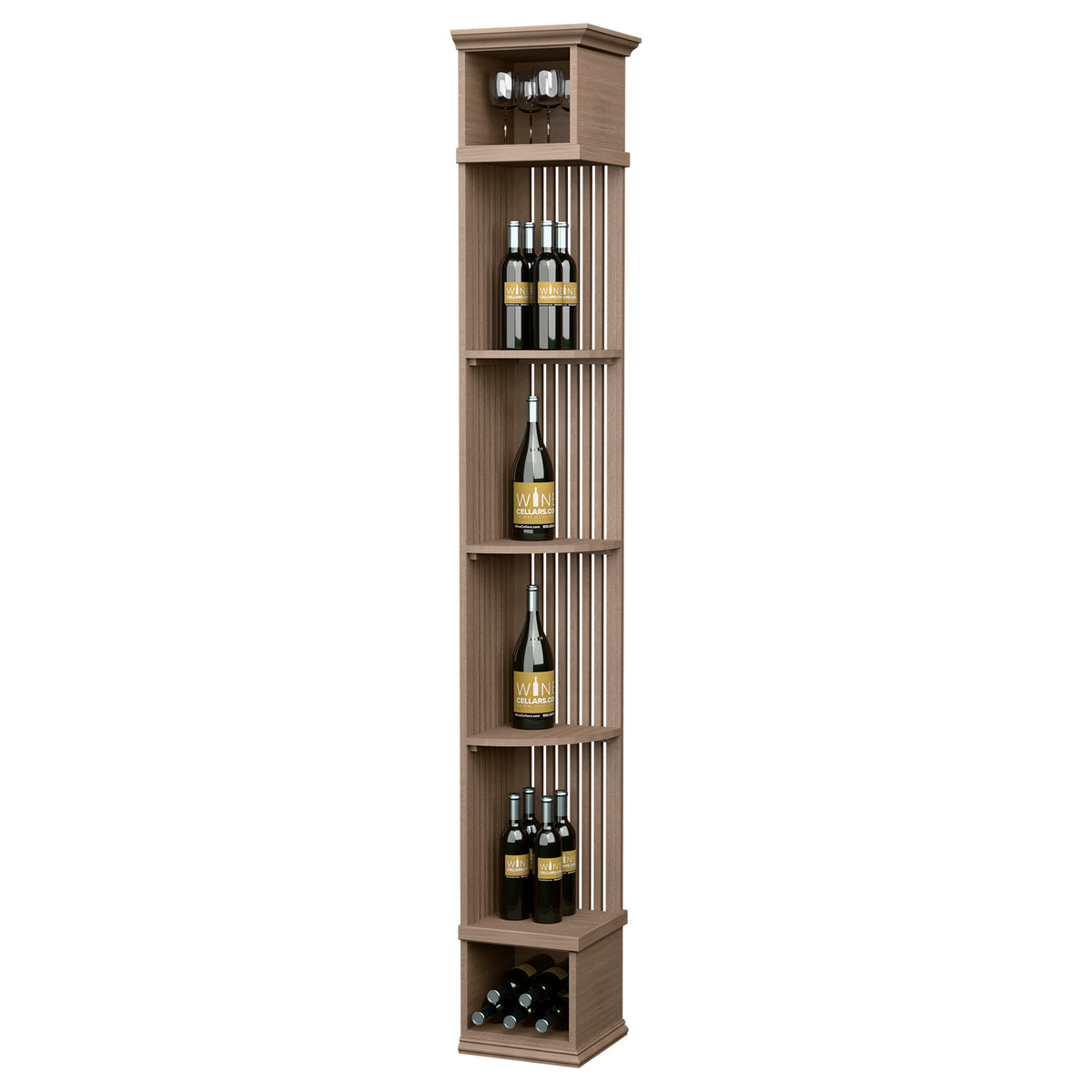 Tall lattice quarter-round wine shelf with square base, light stained wood, wine bottle slots