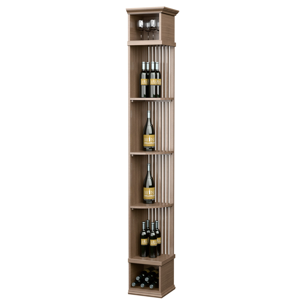 Tall lattice wine shelf with square base in light stained wood, vertical bottle storage