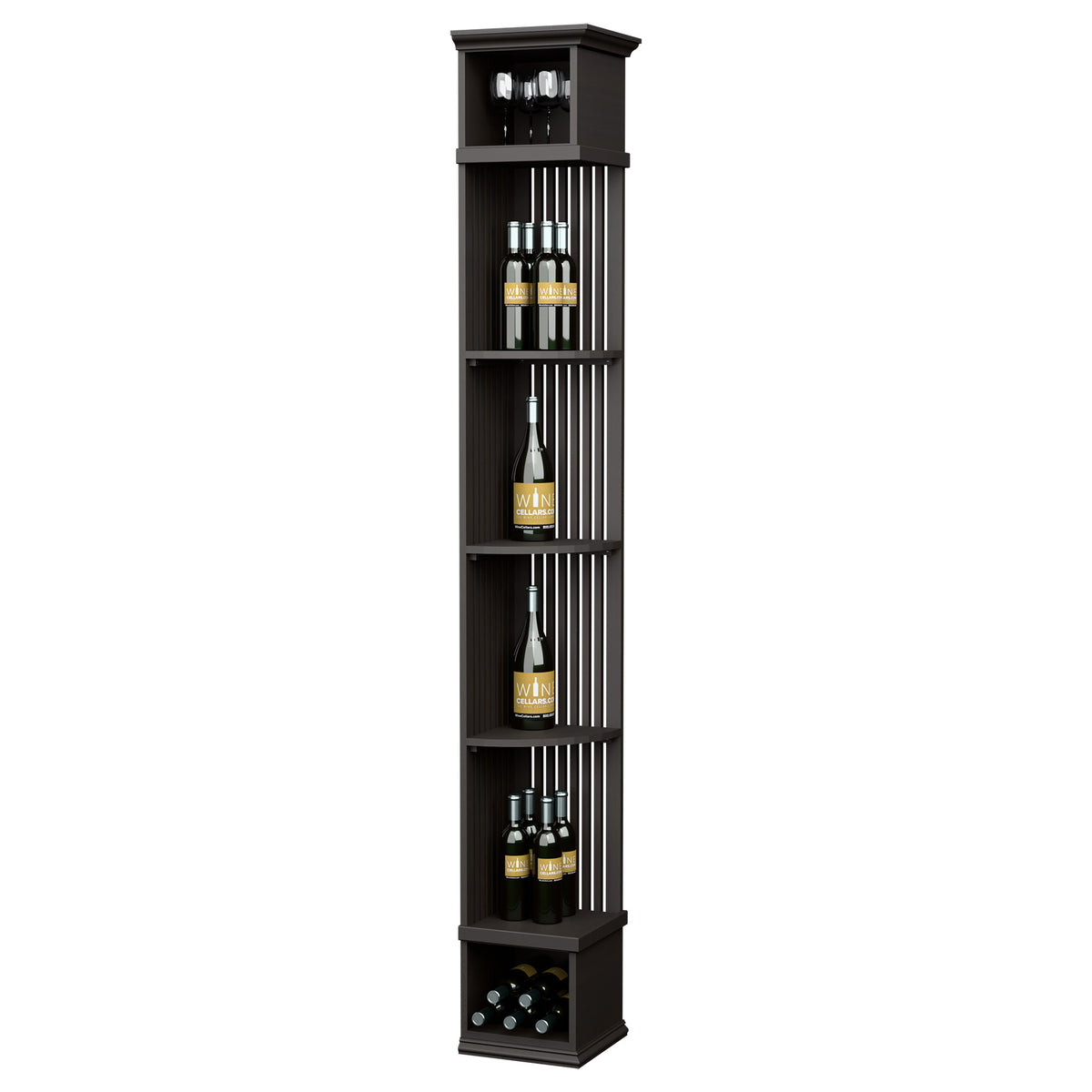 Tall lattice quarter-round wine shelf with square base, dark stained wood, wine bottle storage