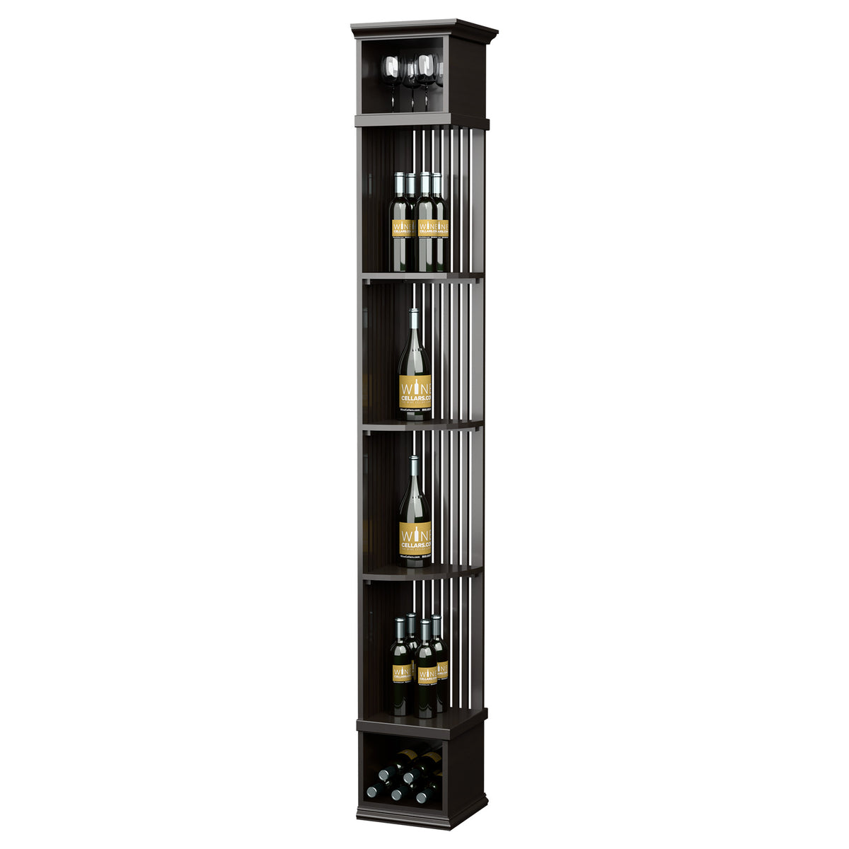 Tall lattice wine shelf with square base in dark stained wood, bottle racks and cubbies