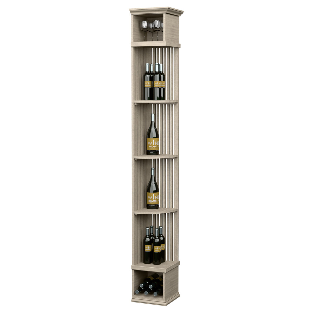Light wood lattice wine shelf with square base, bottle cubbies and glass holder on top