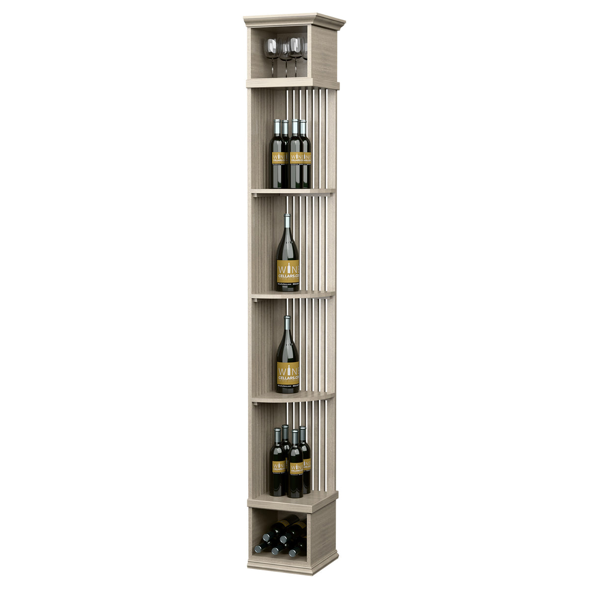 Light wood corner wine shelf with square base, stacked bottle slots and top glass rack