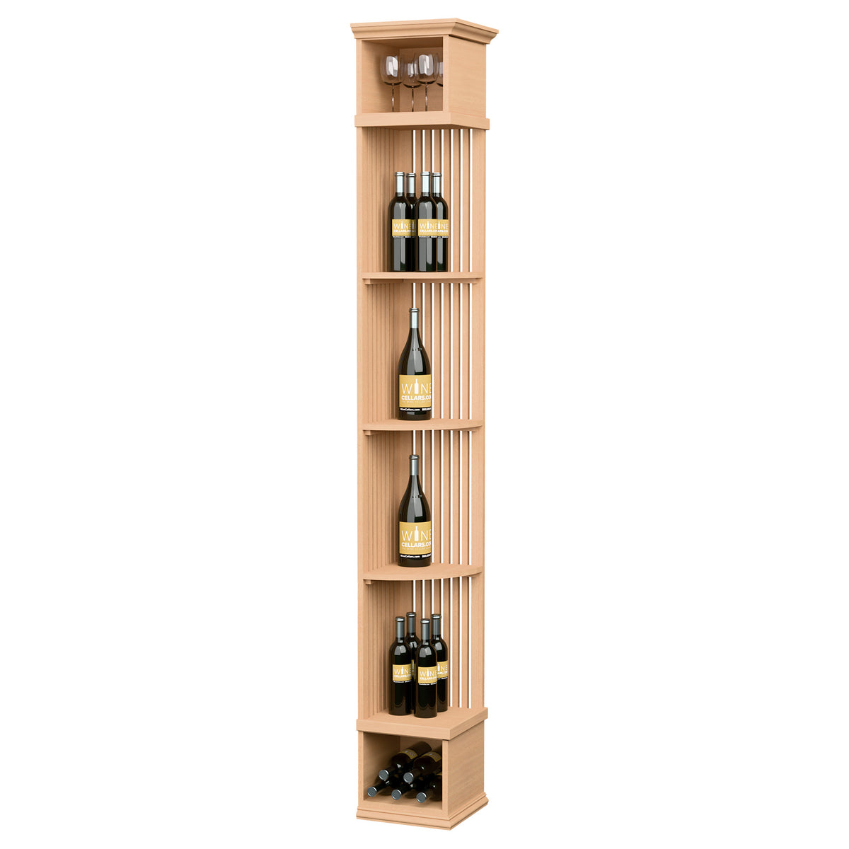 Natural wood lattice wine shelf with square base, bottle cubbies and top glass holder