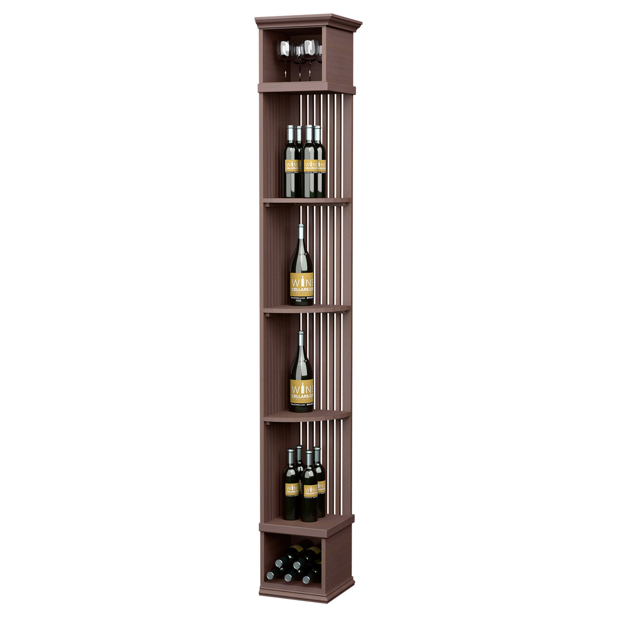 Dark wood lattice wine shelf with square base, bottle cubbies and top glass holder