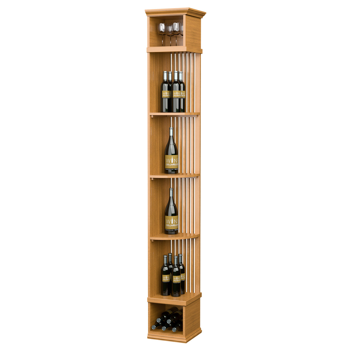Golden wood corner wine shelf with square base, vertical lattice back and bottle slots