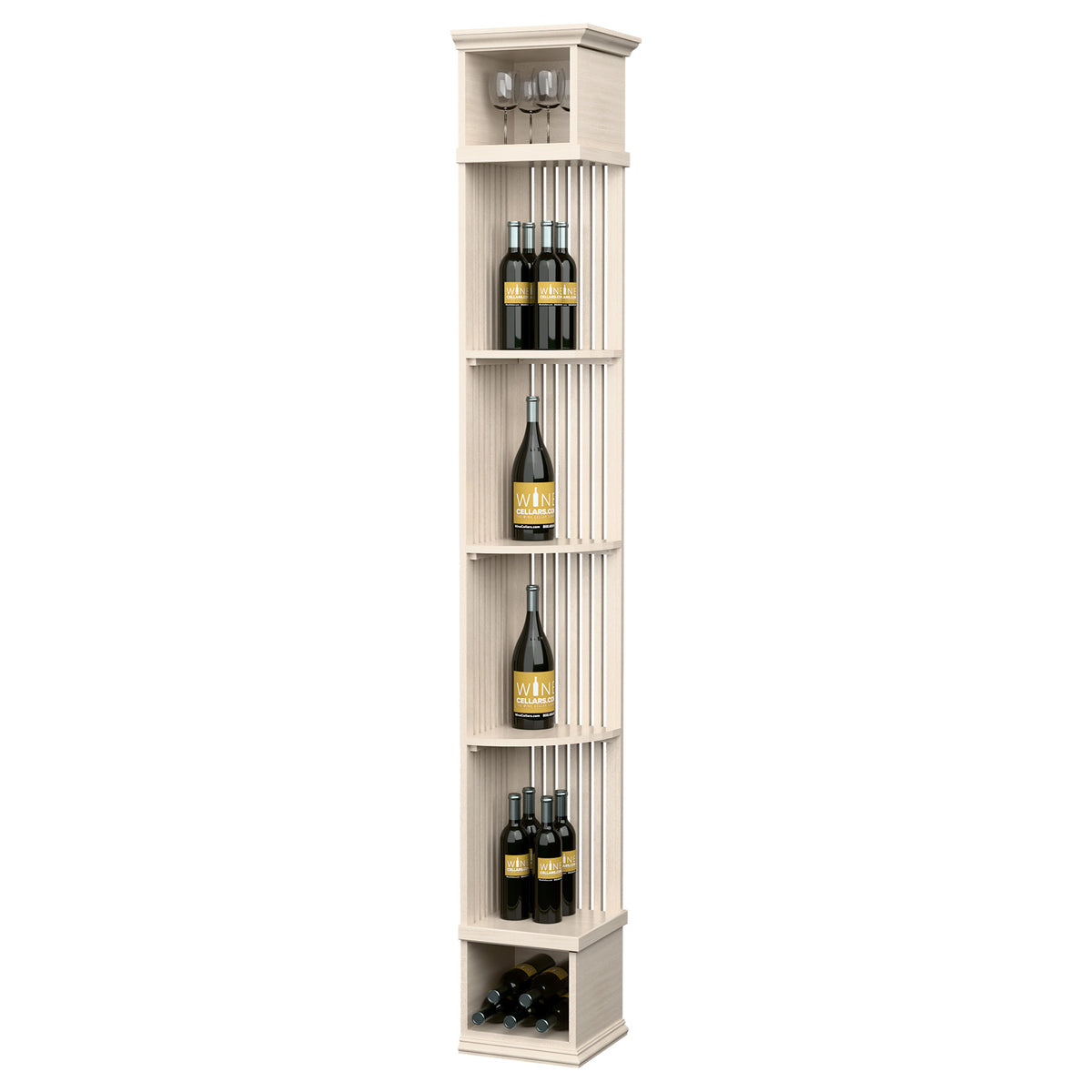 Cream light wood lattice wine shelf with square base, stacked bottle slots and top glass holder