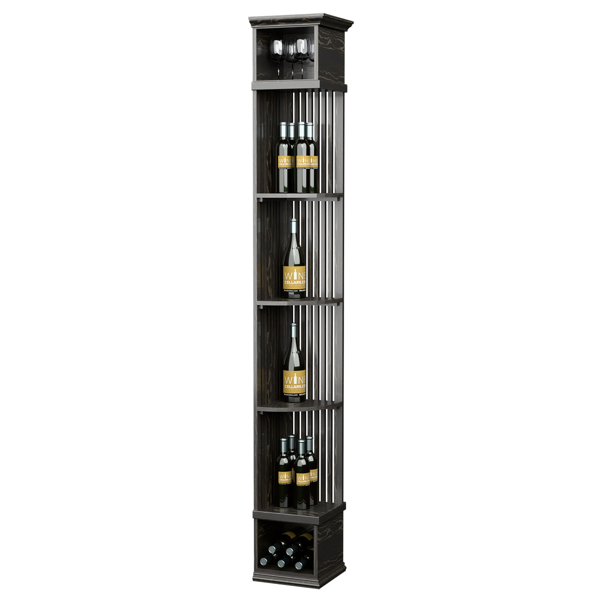 Black tall wine rack shelf with lattice back, bottle cubbies, and square base