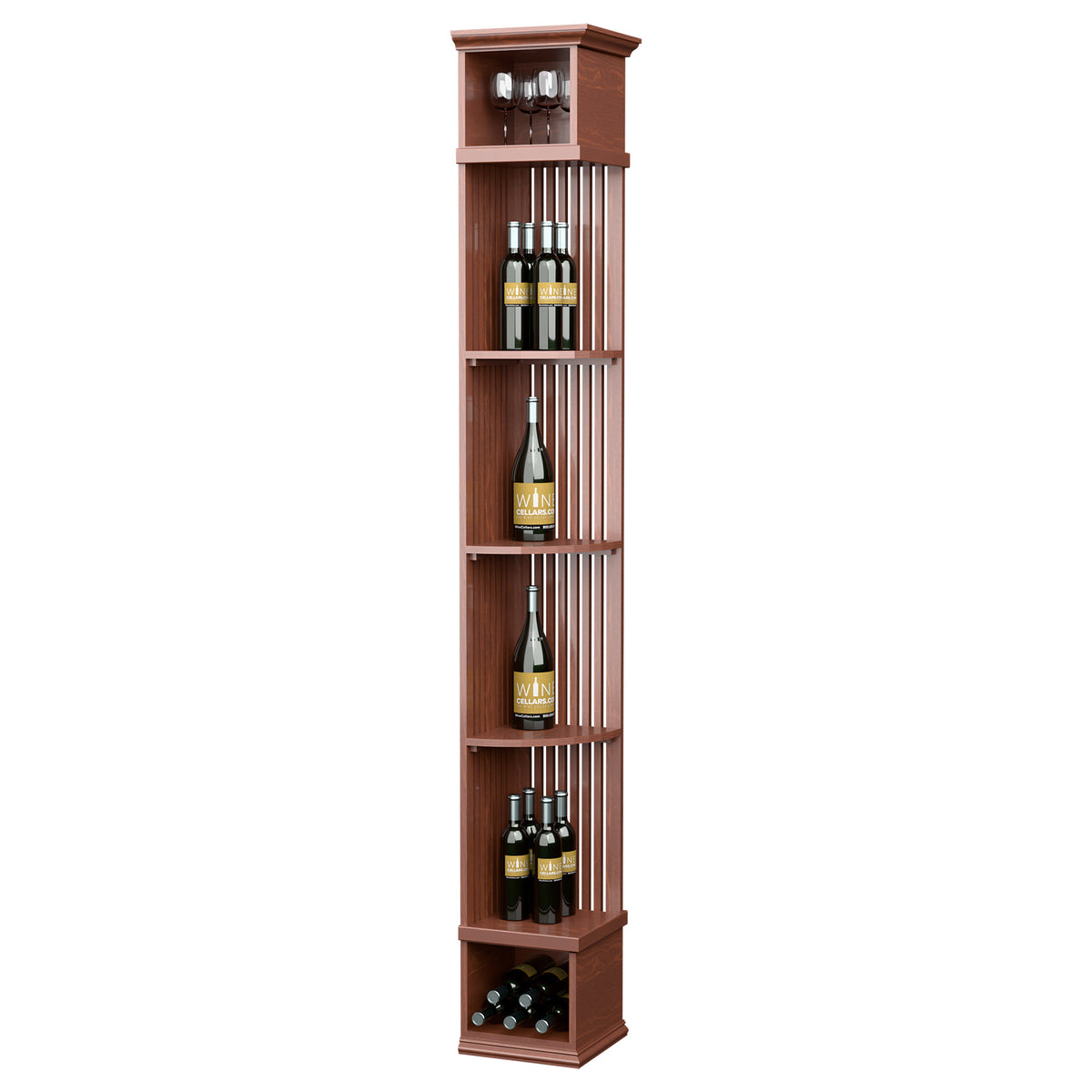Red-brown tall wine rack shelf with lattice back, bottle cubbies, and square base