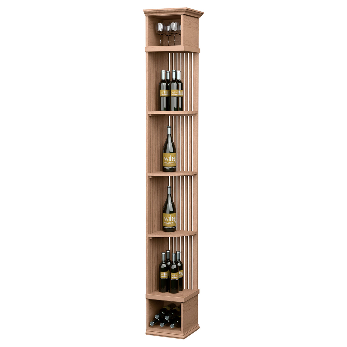 Natural wood tall wine rack shelf with lattice back, bottle cubbies, and square base