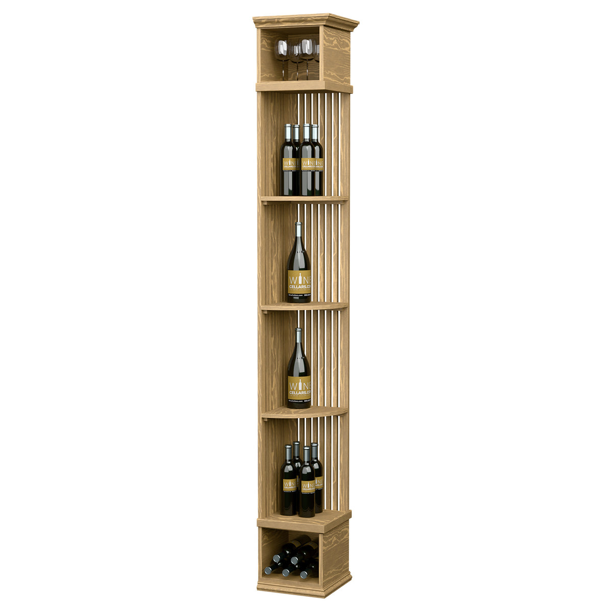 Natural wood tall wine rack shelf with lattice back, bottle cubbies, and square base