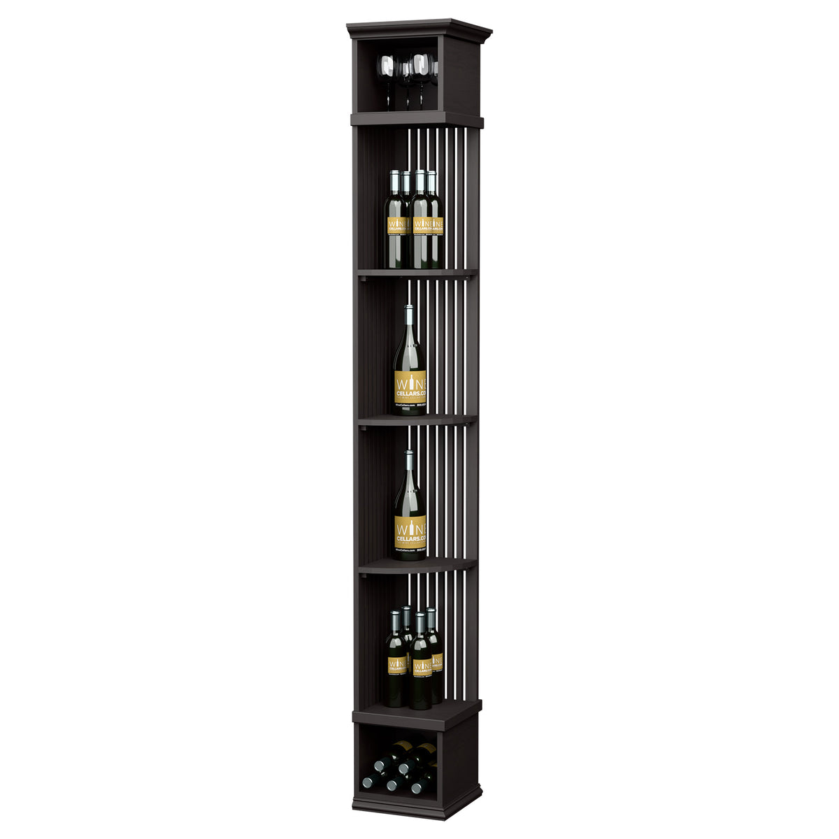 Black tall wine rack shelf with lattice back, bottle cubbies, and square base
