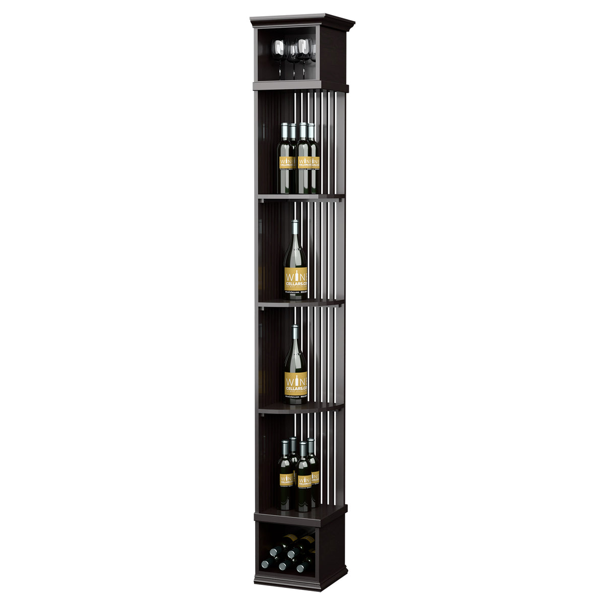 Black tall wine rack shelf with lattice back, bottle cubbies, and square base