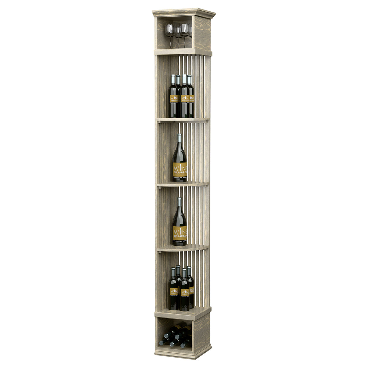 Light wood corner wine shelf with lattice panels, bottle cubbies, and square base