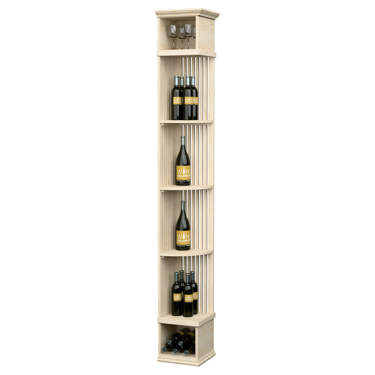 Light wood tall wine bottle organizer with lattice sides, glass holder, square base