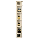 Light wood tall wine bottle organizer with lattice sides, glass holder, square base
