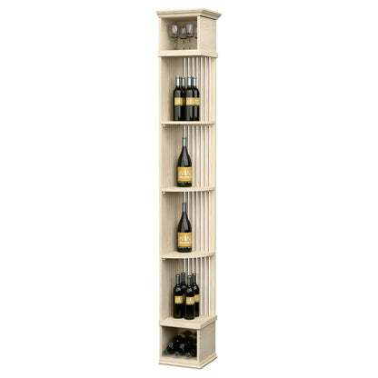 Light wood tall wine bottle organizer with lattice sides, glass holder, square base