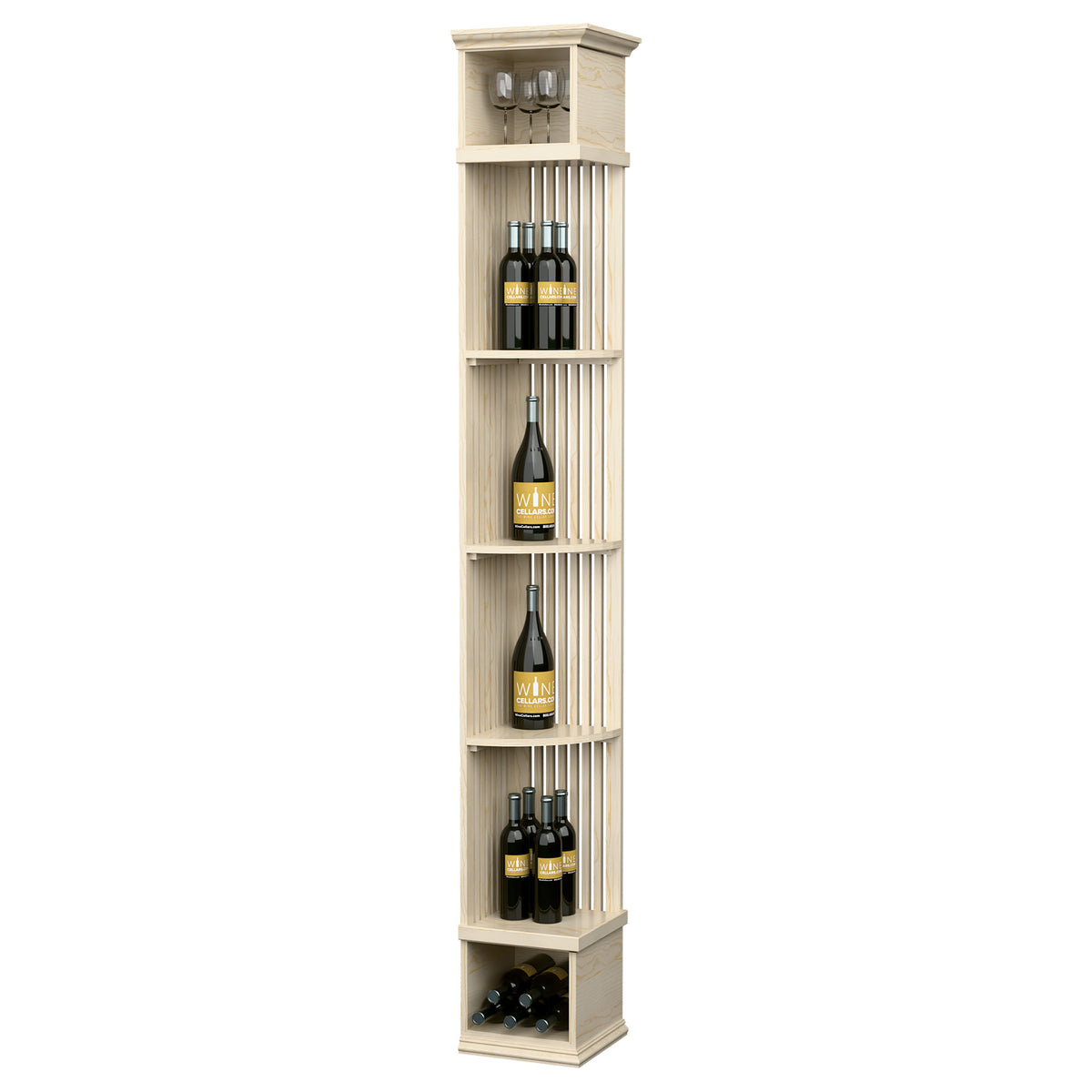 Light wood wine storage tower with lattice back, bottle slots, and square base