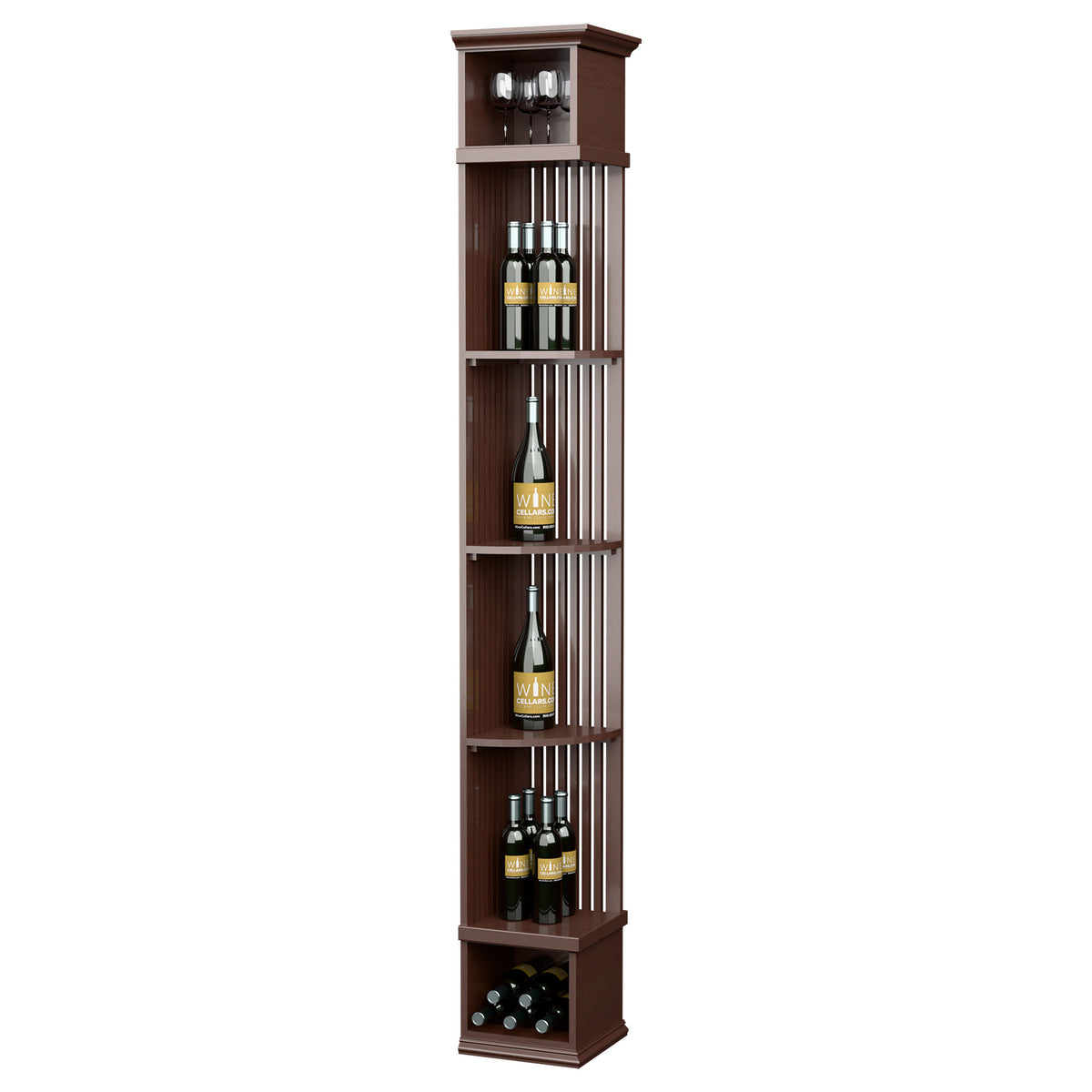 Dark brown tall wine organizer with lattice back, bottle cubbies, and square base