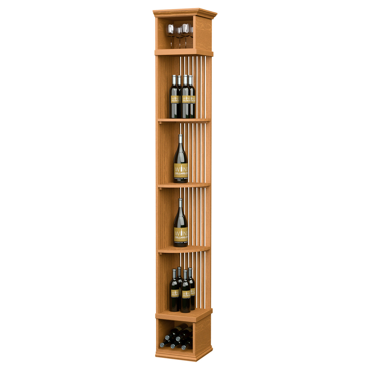 Warm wood wine bottle rack with lattice back, glass holder, and square base