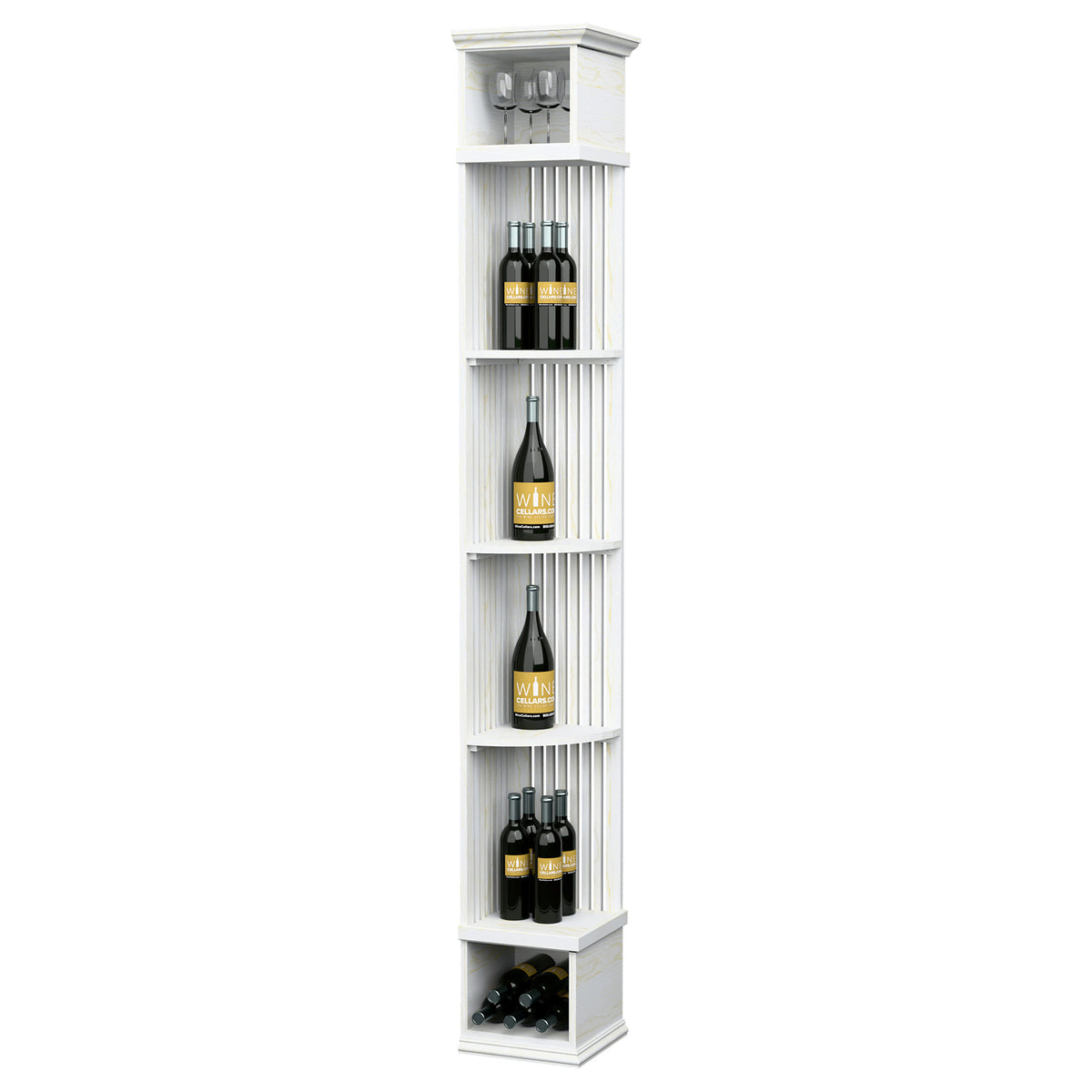 Whitewashed wood wine bottle rack with lattice back, glass holder, and square base