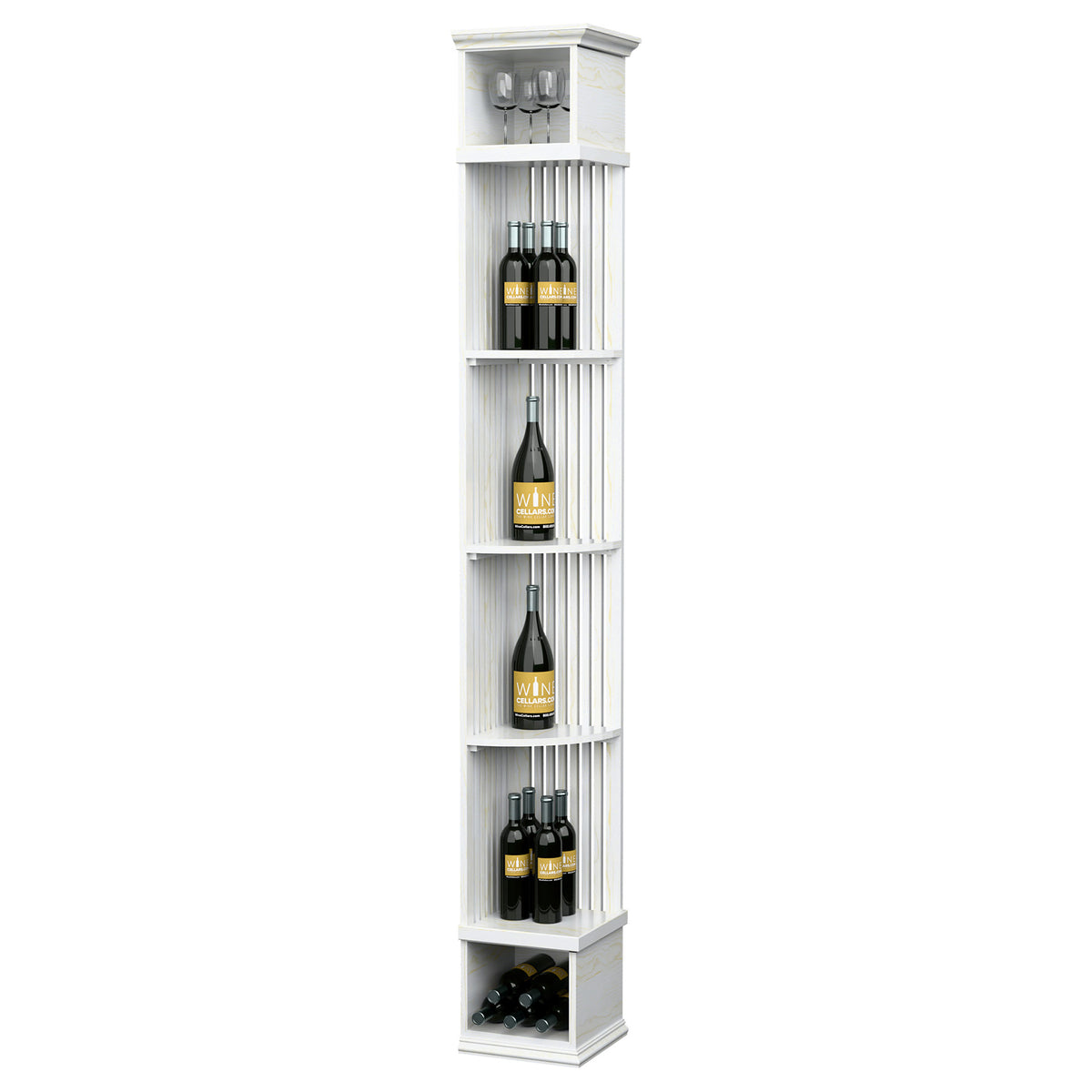Whitewashed wood tall wine organizer with lattice panels, bottle cubbies, square base