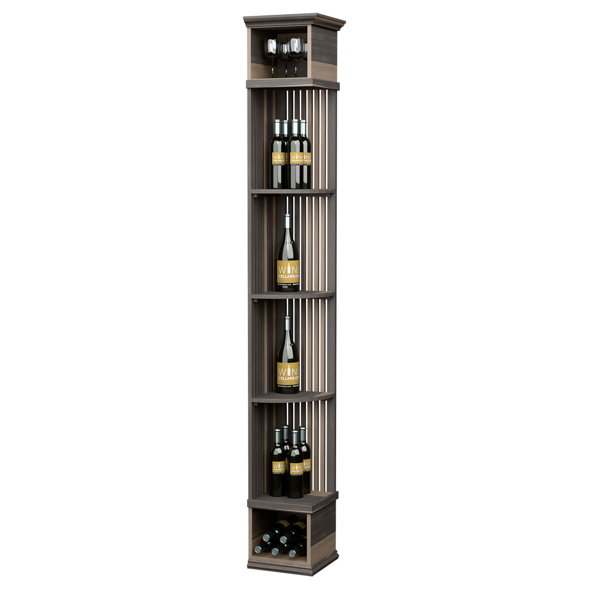 Dark lattice quarter-round wine shelf with square base, holds bottles and stemware