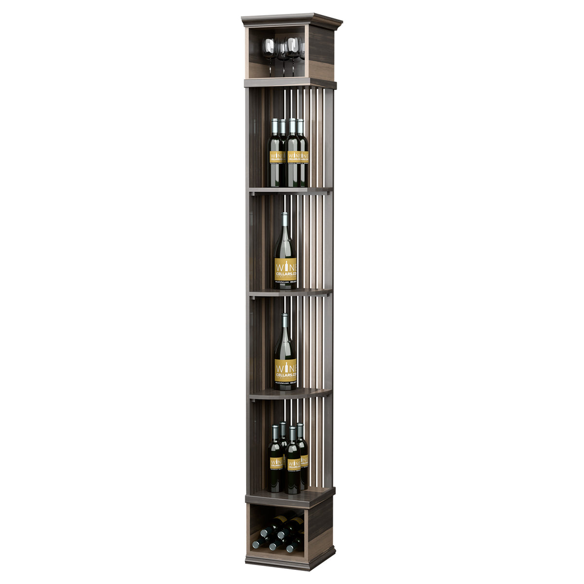 Dark lattice quarter-round wine display shelf with square base, bottle and glass storage