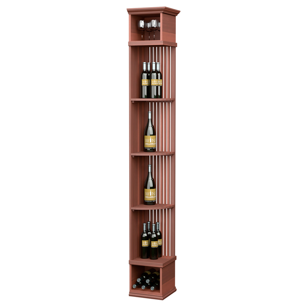 Red lattice quarter-round wine shelf with square base, stores bottles and stemware