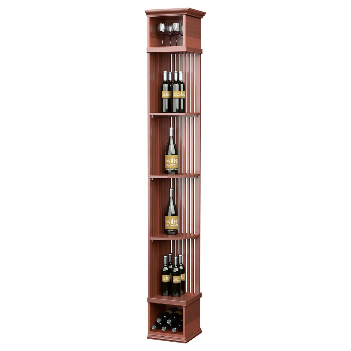 Red lattice quarter-round wine display shelf with square base, holds bottles and glasses