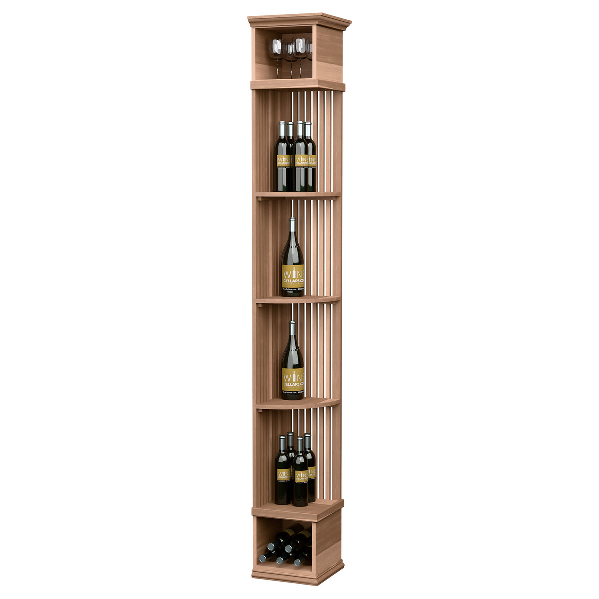 Light wood lattice quarter-round wine shelf with square base, bottle and stemware storage