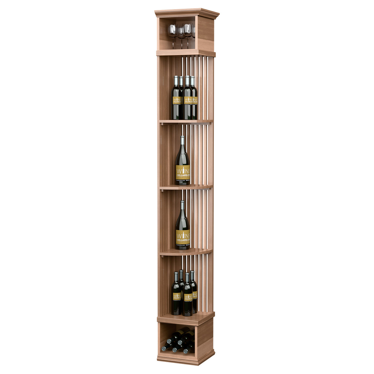 Light wood lattice quarter-round wine display shelf with square base, bottles and glasses
