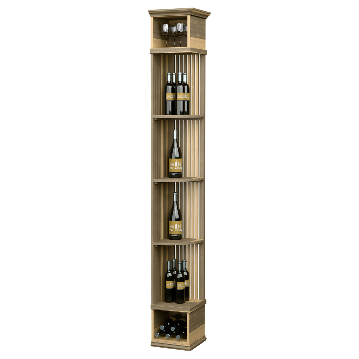 Light wood lattice quarter-round wine shelf with square base, vertical bottle and stemware slots