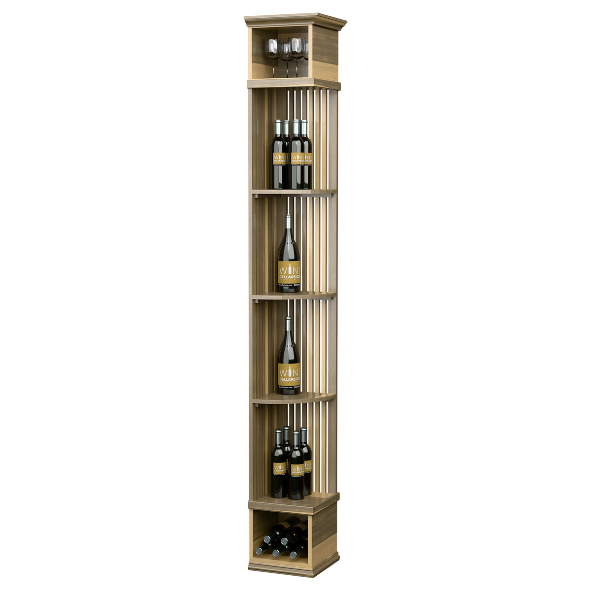 Light wood lattice quarter-round wine display shelf with square base, bottle and glass compartments