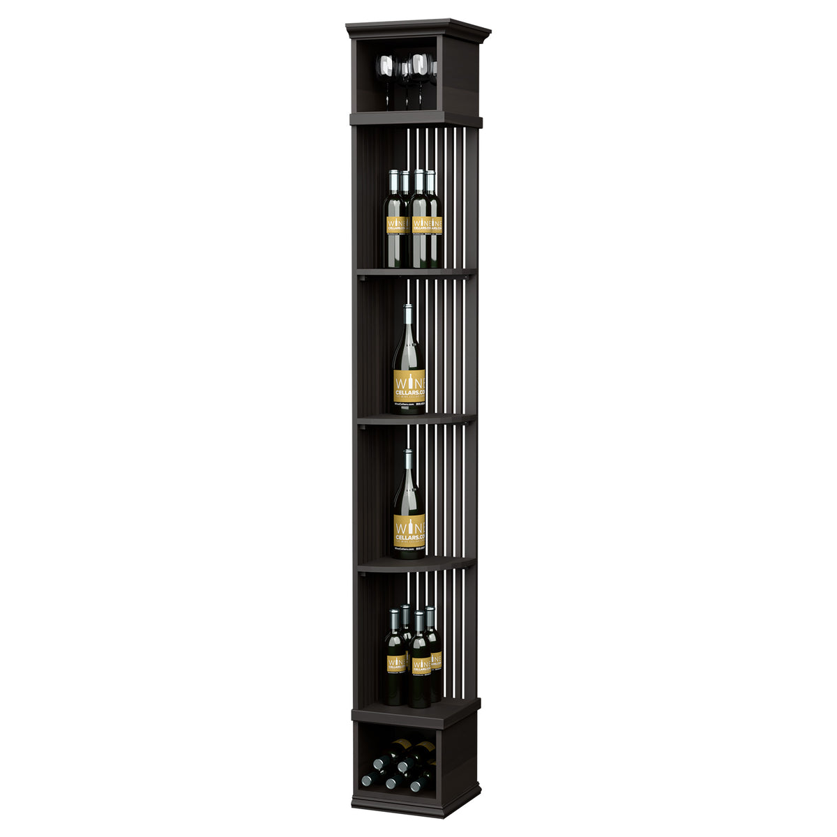 Black lattice quarter-round wine shelf with square base, vertical slots for bottles and stemware