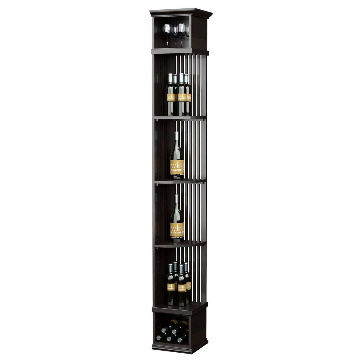 Black lattice quarter-round wine display shelf with square base, bottle racks and stemware area