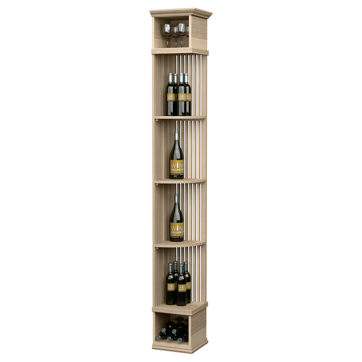 Lattice wine shelf with square base, tall corner organizer in light wood finish.