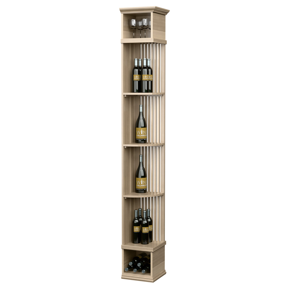 Lattice wine shelf with square base, tall corner organizer in light wood finish.