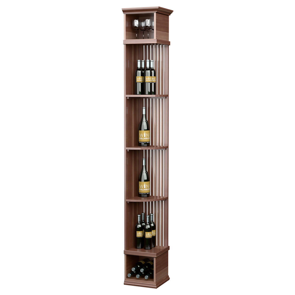 Lattice wine shelf with square base, tall corner organizer in medium-dark brown wood finish.