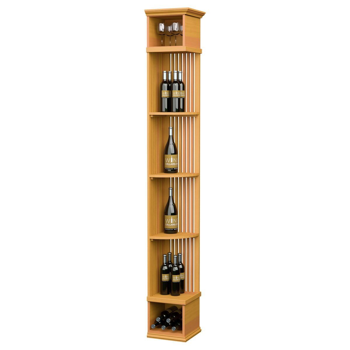 Lattice wine shelf with square base, tall corner organizer in light golden wood finish.