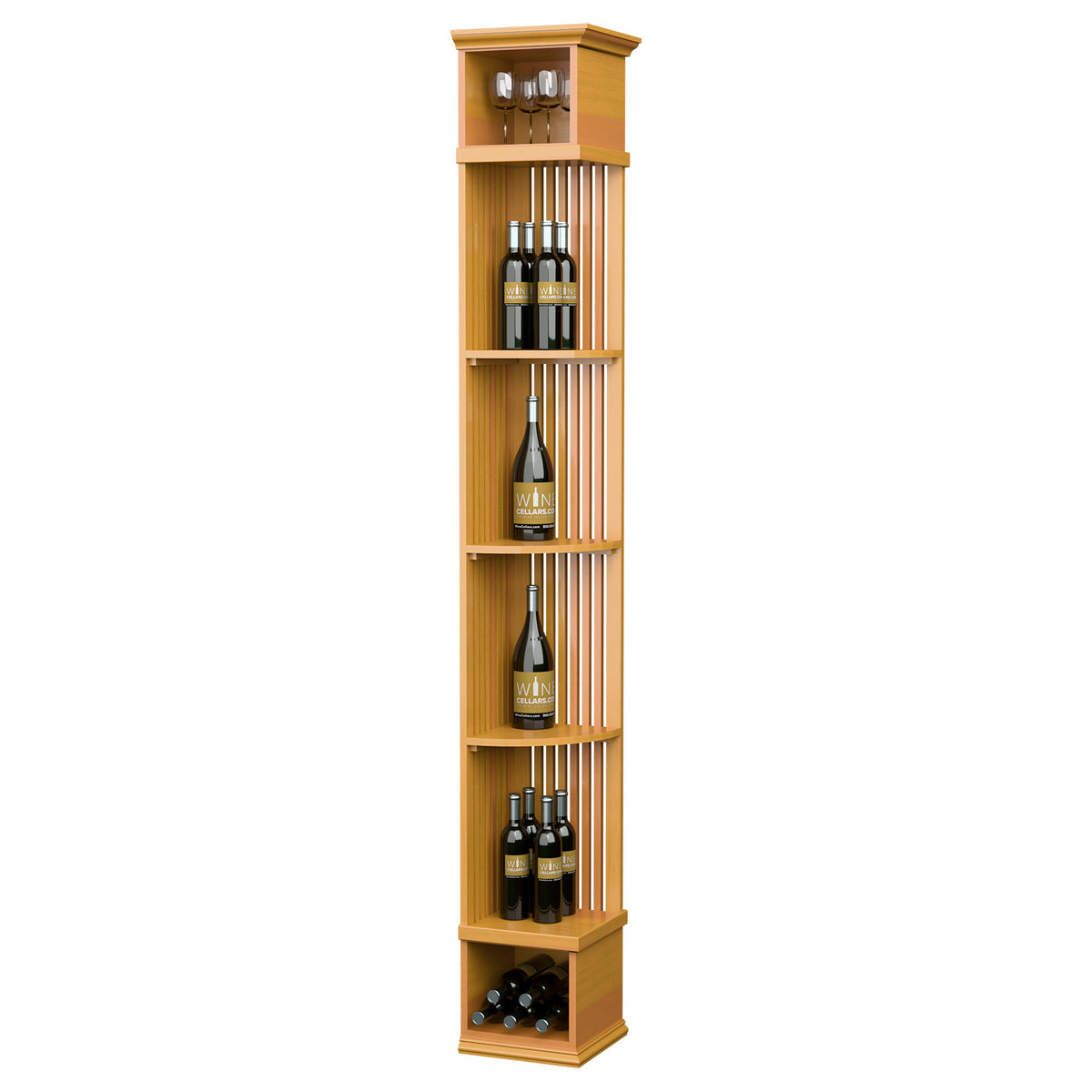 Lattice wine shelf with square base, tall corner organizer in light golden wood finish.